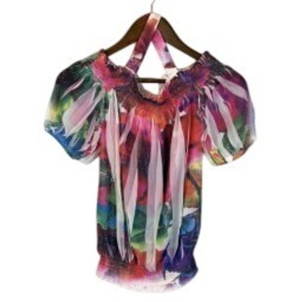VINTAGE Forever 21 Y2K Rainbow Pleated Cold Shoulder Chiffon Blouse size Medium